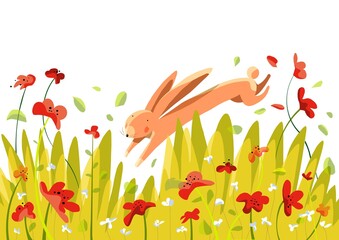 Spring background with rabbit in the meadow and flowers with petals in the wind