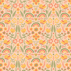Summer flowers and birds. Seamless doodle pattern. Illustrarion with plants and rainbows. Spring background
