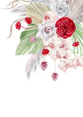 watercolor illustration, bouquet with red and white roses, template for a greeting card. tropical flowers