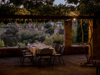 Dinnertable ready at restaurant in Campanet, Coves de Campanet, majorca, spain