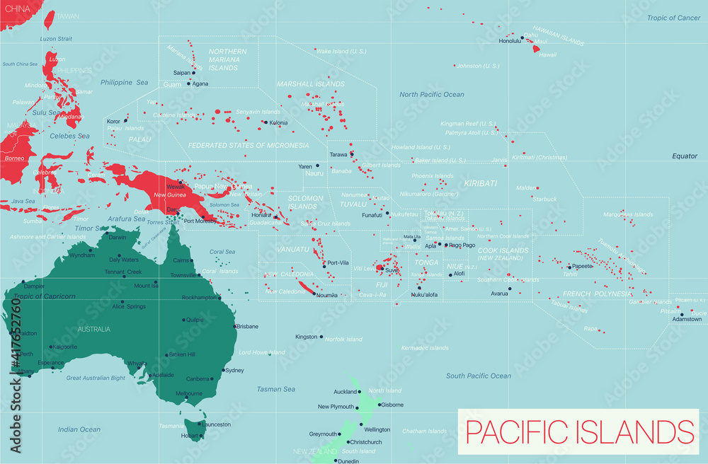 Sticker pacific island detailed editable map with cities and towns, geographic sites. vector eps-10 file