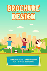Fototapeta premium Happy active children playing football outdoors flat vector illustration. Cartoon child characters running with soccer ball. Sport game and playground concept