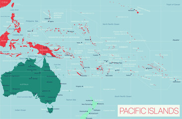 Pacific Island detailed editable map with cities and towns, geographic sites. Vector EPS-10 file
