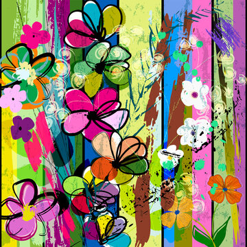 abstract background composition with flowers, stripes, paint strokes and splashes