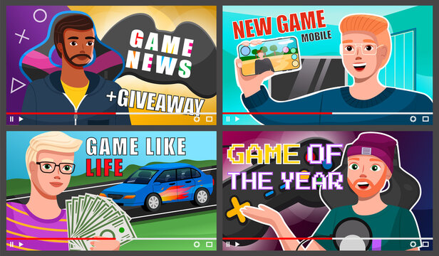 Male professional gamers tell about computer games and news. Young man blogger creating content about his hobby and posting it on social media. Screensaver of online video tutorial scenes set