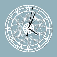 Simple clock face with roman numerals and dragonflies. Vector template for laser cut. Silhouette of dial isolated on gray background. Floral theme of illustration.