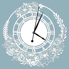 Simple clock face with roman numerals. Vector template for laser cut. Silhouette of dial isolated on gray background. Floral theme of illustration.