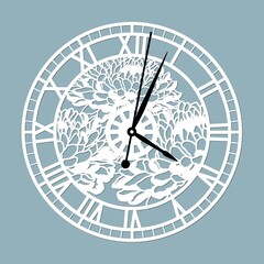 Simple clock face with roman numerals. Vector template for laser cut. Silhouette of dial isolated on gray background. Floral theme of illustration.