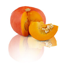 ripe  Pumpkin fruit mirror shadows reflections​ isolated​ on​ white background with​ clipping​ path​