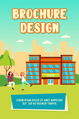 Happy kids running outside near school isolated flat vector illustration. Cartoon children going along road to school entrance. Education and childhood concept