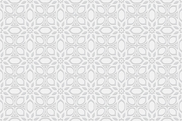 Geometric original white background. Volumetric composition from a relief ethnic pattern in oriental style. Wallpaper with 3D effect of a convex shape for presentation, website.
