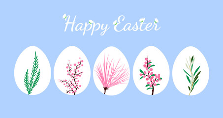 Happy Easter. Collection of Easter eggs with spring flowers, berries ornament. Vector illustration on isolated background for template, greeting card, banner, and other using.