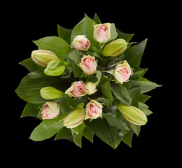 bouquet of pink rose lilies isolated on black background with ​clipping​ path​