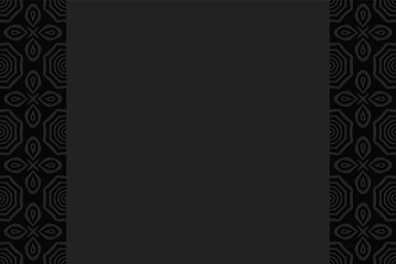 Geometric black background. Volumetric composition of a relief ethnic pattern in African, Mexican style. Vertical inserts with a 3D effect of a convex shape.