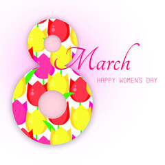 8 March International Women's Day. Card with flowers tulips of pink, red, yellow color, an inscription on a light pink background. Vector illustration