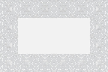 Geometric artistic white background. Volumetric composition of a relief openwork ethnic pattern. Frame for text with 3D effect of a convex shape for design.