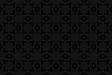 Obraz na płótnie Canvas Geometric abstract black background. Volumetric composition of a relief ethnic pattern. Wallpaper with a 3D effect of a convex shape based on the peoples of the East.