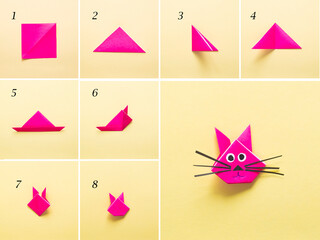 Step by step photo instruction How to make Origami paper bunny. Simple diy kids children's concept.