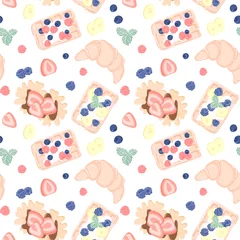 Poster Seamless pattern with fruits, berries, waffles and croissant. Seamless design for textile or background with Belgian waffles. © tannikart