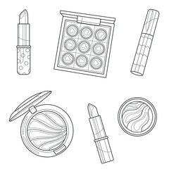 Decorative cosmetics. Eyeshadow and lipstick.Coloring book antistress for children and adults. Illustration isolated on white background.Zen-tangle style. Hand draw