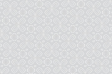 Geometric white background in the style of minimalism. Volumetric composition from a relief ethnic pattern. Wallpaper with 3D effect of a convex shape for presentations.