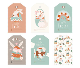 Easter gift tags with Easter bunny, plane, eggs. Retro design. Vector illustration. Hang tag is great for packaging gifts.