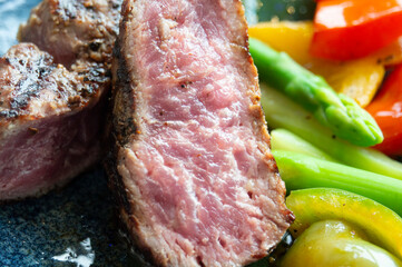 Cut or slice the medium-roasted steak on a plate. steak fillet