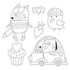 Coloring page for kids. Cute fox, bird and cupcake. Vector illustration. Funny coloring book for children.