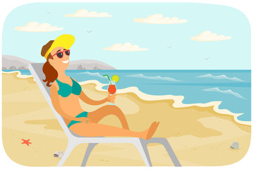 Recreation near sea vector illustration. Smiling girl is sitting in sun lounger with cocktail and tanning. Female character is sunbathing at resort. Woman resting and spending time at sandy beach