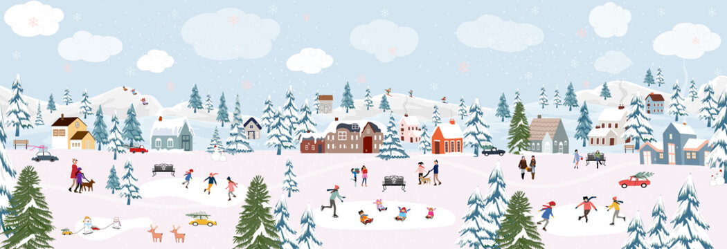 Winter landscape with snowing with people having fun doing outdoor activities on new year,Vector city landscape on Christmas holidays with people celebration, kid playing ice skates, teenagers skiing