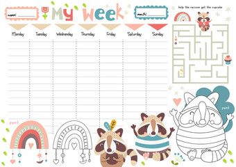 Weekly planner with cute raccoons in cartoon style. Kids schedule design template. Included mini games - maze, coloring page. Vector illustration.