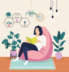 Young woman is relaxing on comfortable chair and reading book. Vector flat style cartoon illustration.