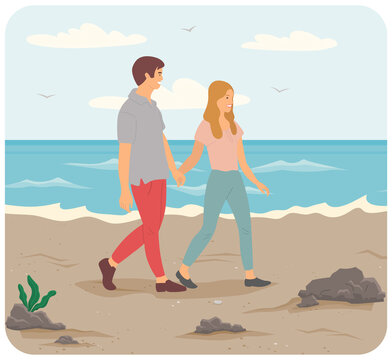 Characters are resting near ocean bank. People on date spending time together on beach. Young couple in relationship hug and stare at sea. Guy and girl communicate and relax on coastline in summer