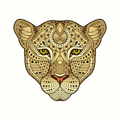 African leopard in vintage style. Head cat, leopard, tiger, lion, panther, cheetah. Drawn by hand. Spotted. Abstract wild animal. Cartoon style. Africa's Big Five. Boho, Doodle, Zentangle
