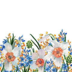 Seamless pattern with flowers of daffodils, twigs of mimosa and blue hyacinth with green leaves on the stem. Hand drawn watercolor in composition on a white background for cards, wedding invitations.