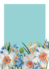 Flowers of daffodils, twigs of mimosa and blue hyacinth with green leaves on the stem. Hand drawn watercolor in composition on a light blue background for cards, wedding invitations, print, background