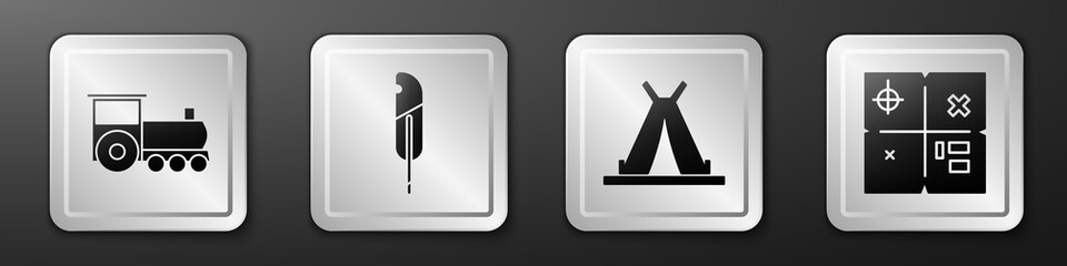 Set Retro train, Feather pen, Indian teepee or wigwam and Treasure map icon. Silver square button. Vector. © Vadim