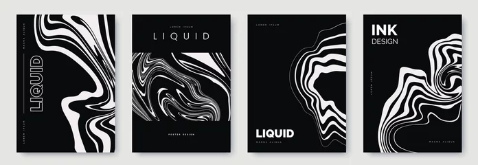 Foto op Canvas Black and white abstract poster design with liquid lines. White curves and wavy lines on dark black background. A4 size. Ideal for banner, flyer, invitation, cover, business card. Vector illustration © alexandertrou