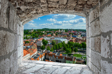 View from stone window on historic city center in Vilnius, Lithuania
