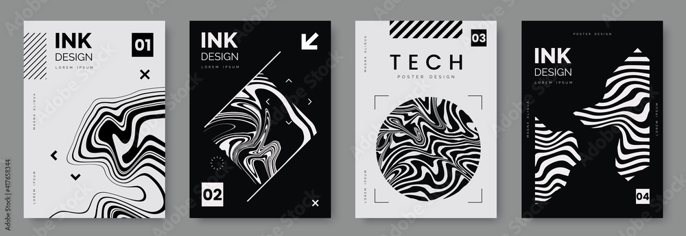 Poster black and white poster design with liquid and curve lines, abstract geometric shapes and place for t