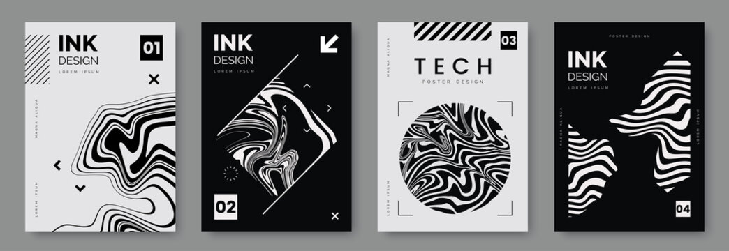 Black and white poster design with liquid and curve lines, abstract geometric shapes and place for text. Futuristic cover set. A4 size. Ideal for banner, flyer, invitation, business card.