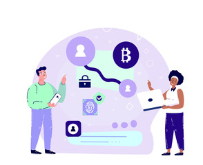 Businesspartners Make a Deal on Bitcoin Smart Contract Bargain in Laptop and Smartphone Device.Innovation Technology Agreement.Cryptocurrency,Crypto Start Up.High Technologies.Flat Vector Illustration
