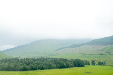 Fototapeta premium Scenic Landscape View of Mountain Forest with Fog, in Scottish Highland.