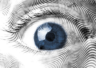An abstract grungy eye icon closeup with haltone effect in monochrome