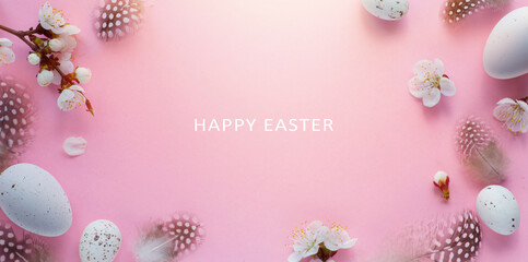 Fototapeta na wymiar Art Happy Easter Holiday banner or greeting card background with Easter eggs and Spring Flowers