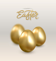 Happy Easter. Realistic vector 3d background with golden eggs.