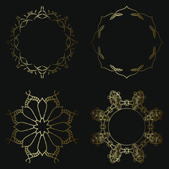 Set of 4 Luxury ornamental element design and frame gold color on black background. Design template for wallpaper. Isolated ornament. Vector Illustration.