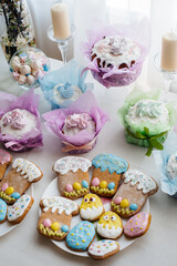 Beautiful Easter cakes on a decorated light table. A light holiday of Easter.