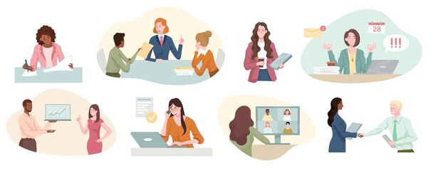 Eight different scenes showing a successful businesswoman at work with handshake, yoga relaxation, in a meeting, boss, teamwork and creative editing, set of isolated cartoon flat vector illustrations
