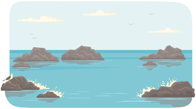Landscape with salty water on seashore. Waves hit rocks and spray scatters. Water surface of sea with stones. Ocean landscape vector illustration. Vacation at sea and pastime in fresh air concept